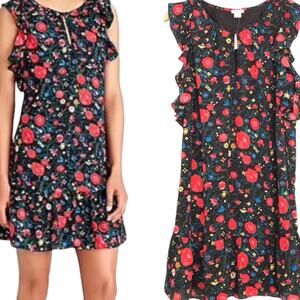 NWOT J.Crew Black Red Printed Floral Flutter Dress With Ruffle Sleeves Size XS